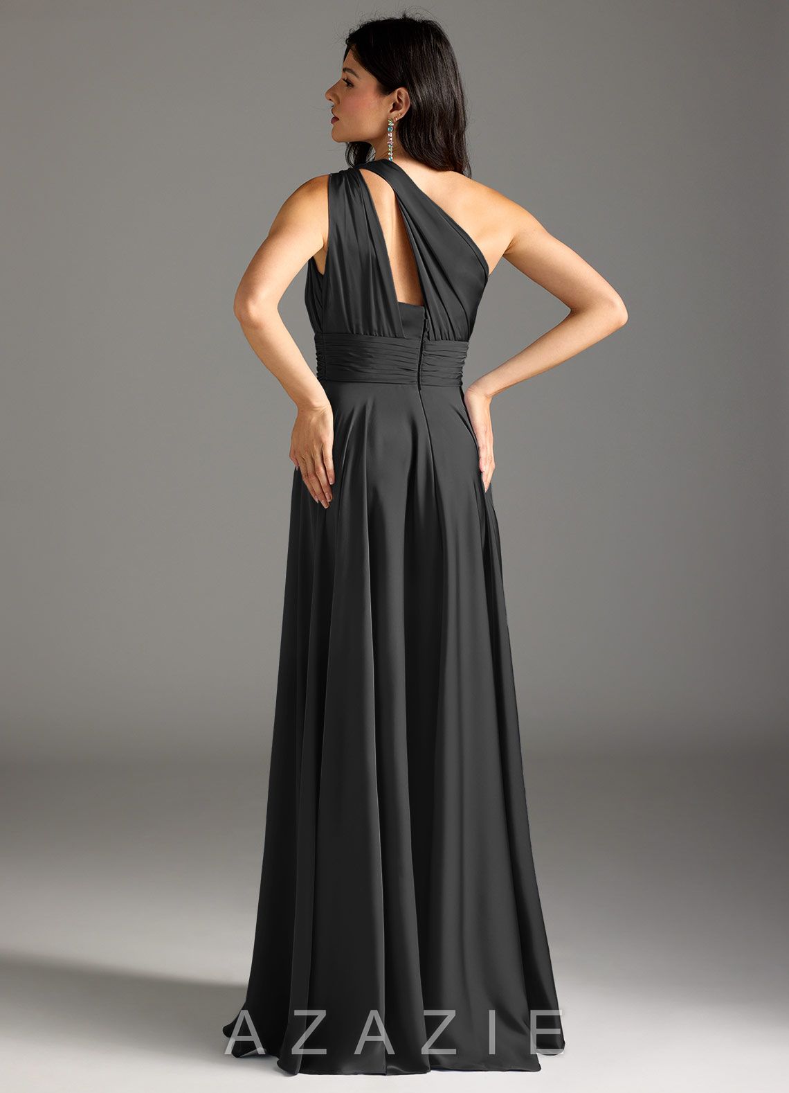 Azazie Charlize Black A-Line One Shoulder Stretch Satin Dress black
