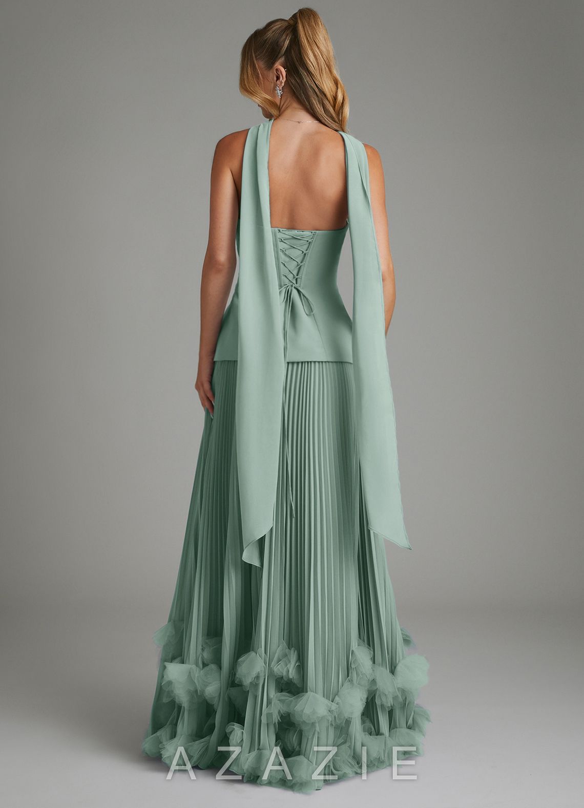 Azazie Alex Agave A-Line Corset Chiffon Dress agave