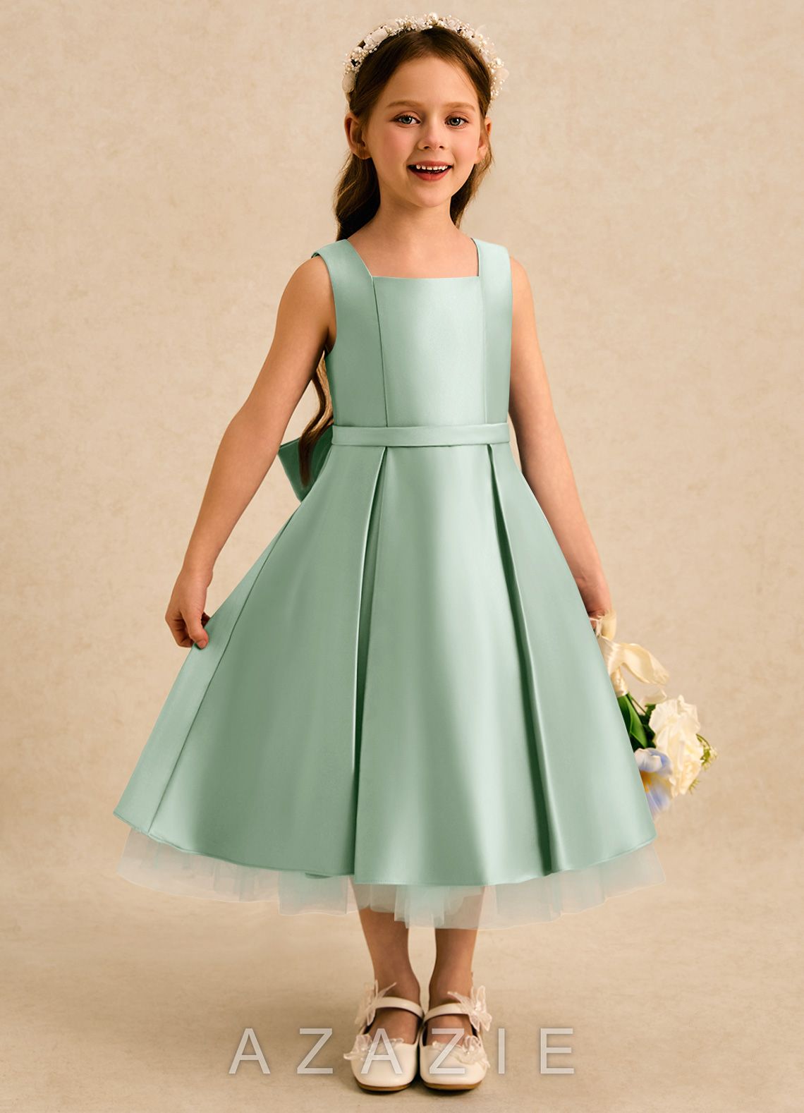 Azazie Josie Agave A-Line Pleated Matte Satin Dress agave