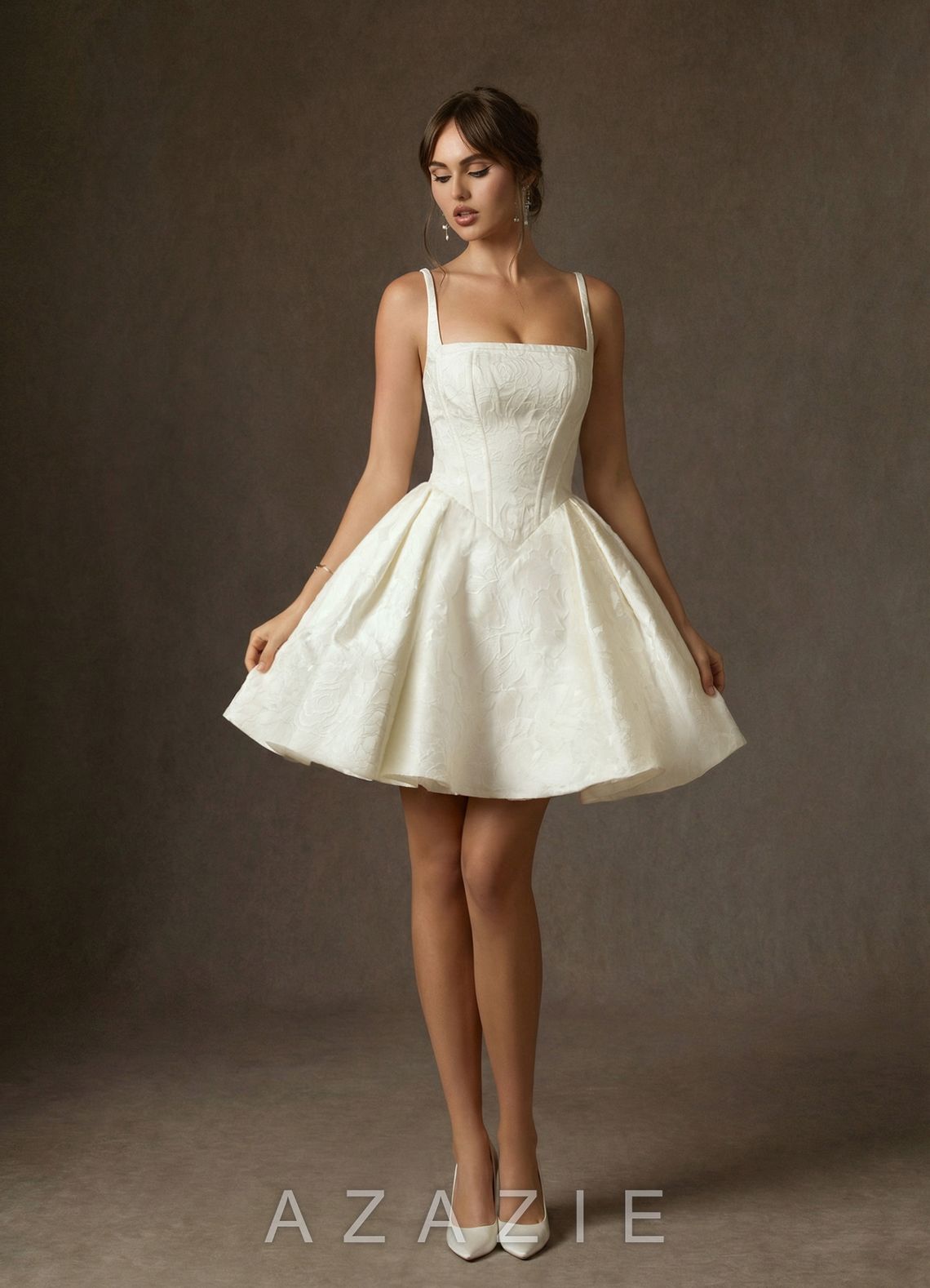 Azazie Daisley Antique White A-Line with Pockets Floral Jacquard Dress antique_white