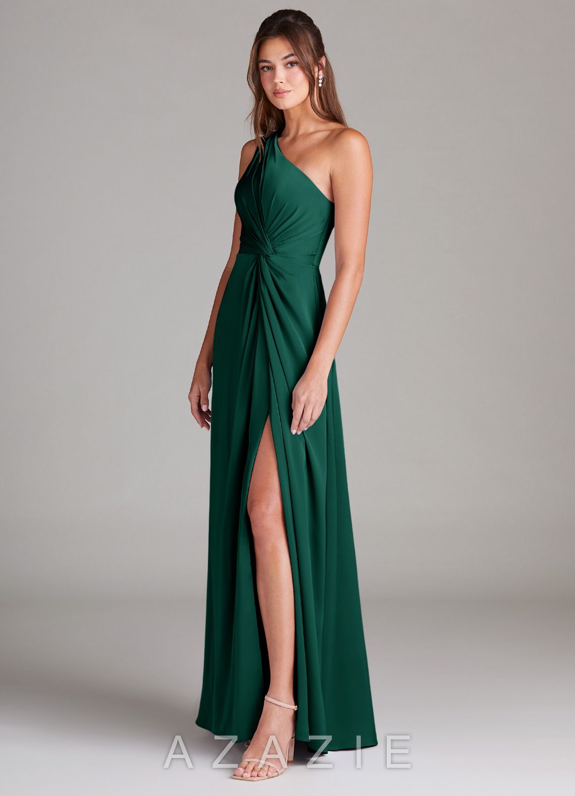 Azazie Brooke Emerald A-Line One Shoulder Stretch Satin Dress emerald