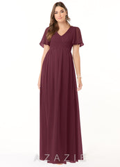 Azazie Verna A-Line V-Neck Ruched Chiffon Floor-Length Dress