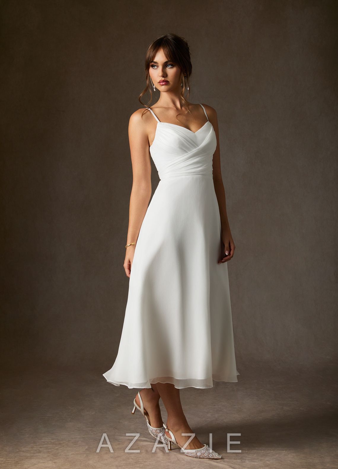 Azazie Kali Wedding Dress Diamond White A-Line V-Neck Pleated Crinkle Chiffon Dr
