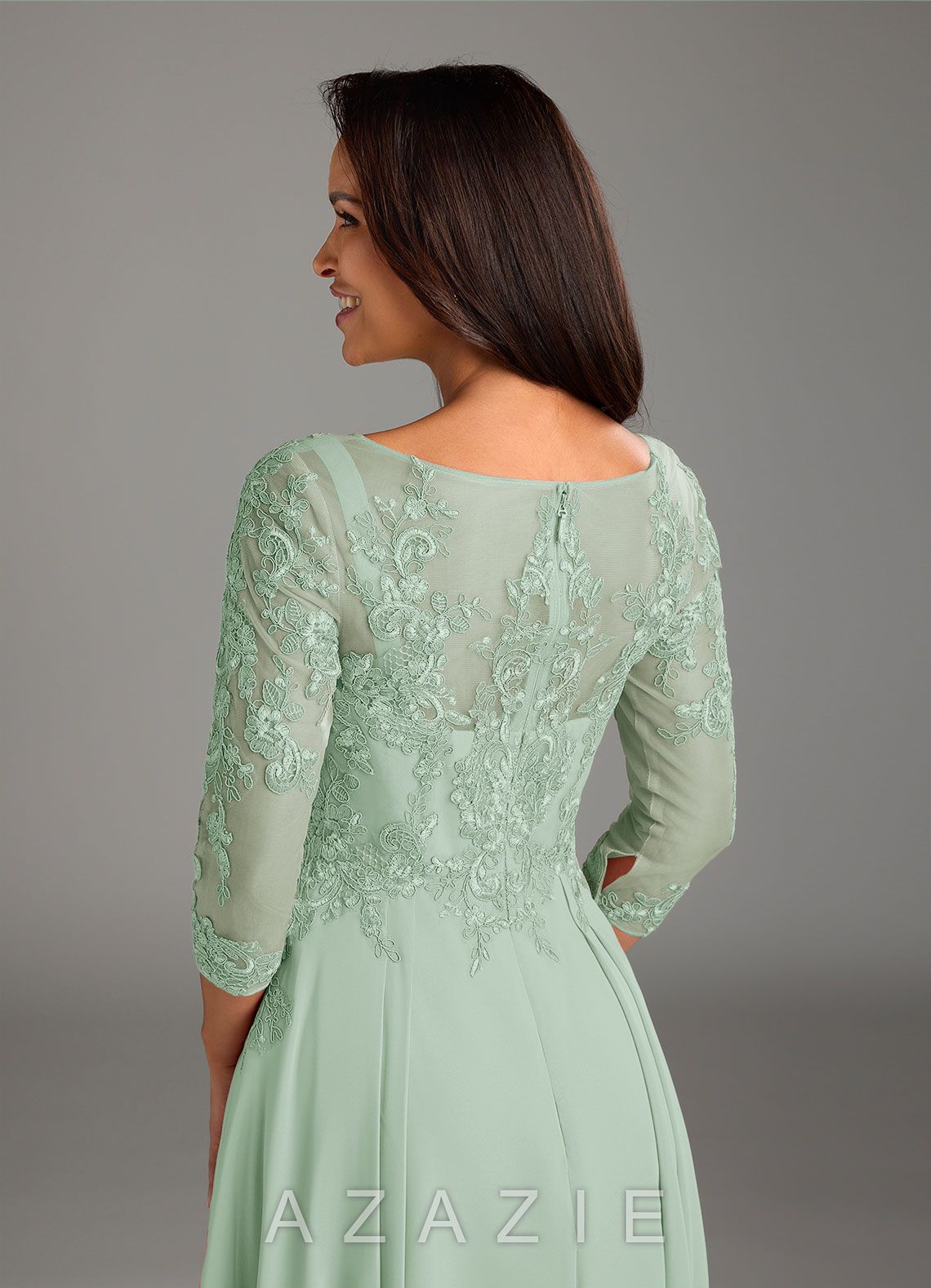 Azazie Marge Agave A-Line Scoop Lace Chiffon Dress agave