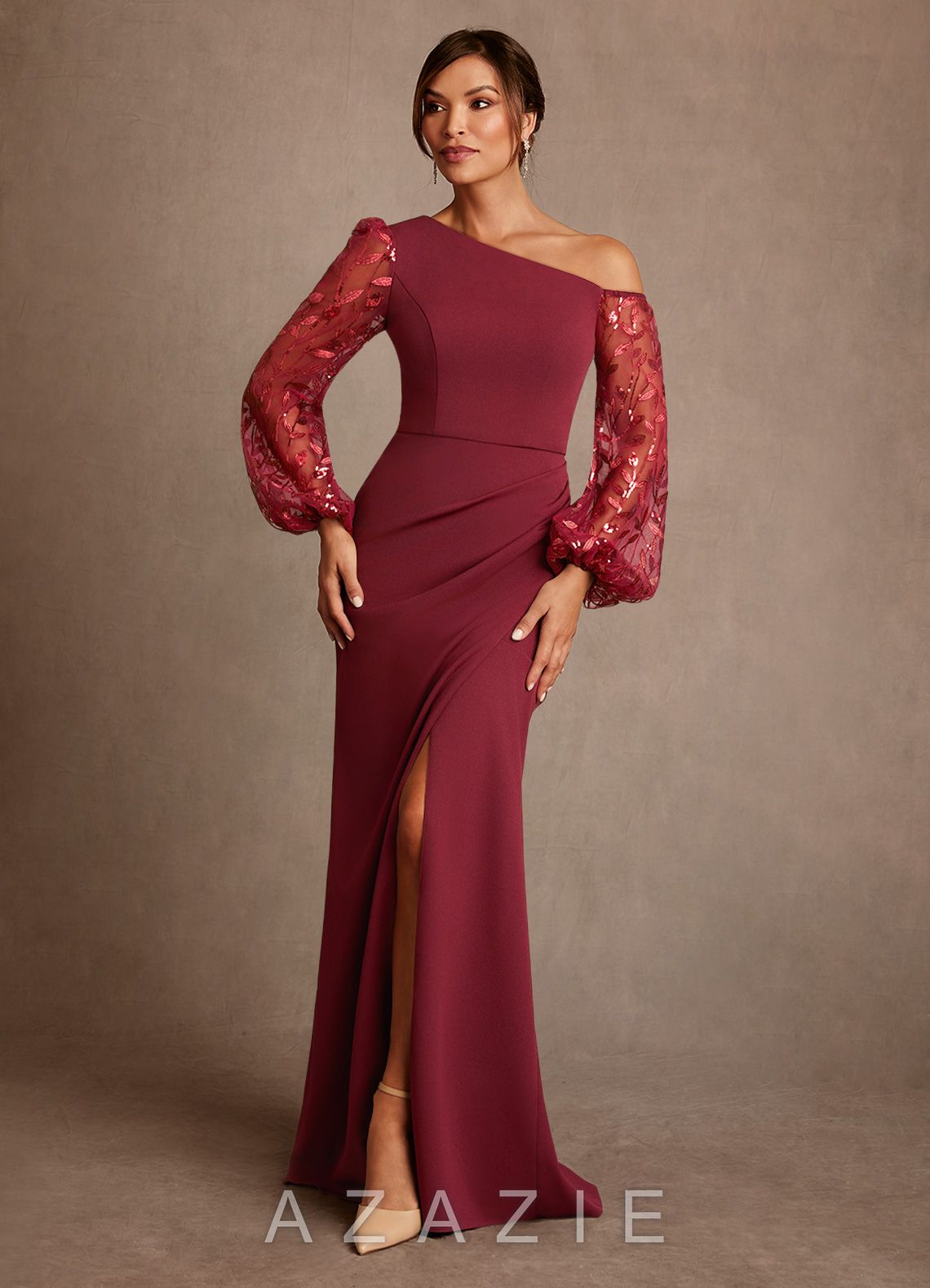Azazie Cathleen Burgundy Sheath Lace Dress