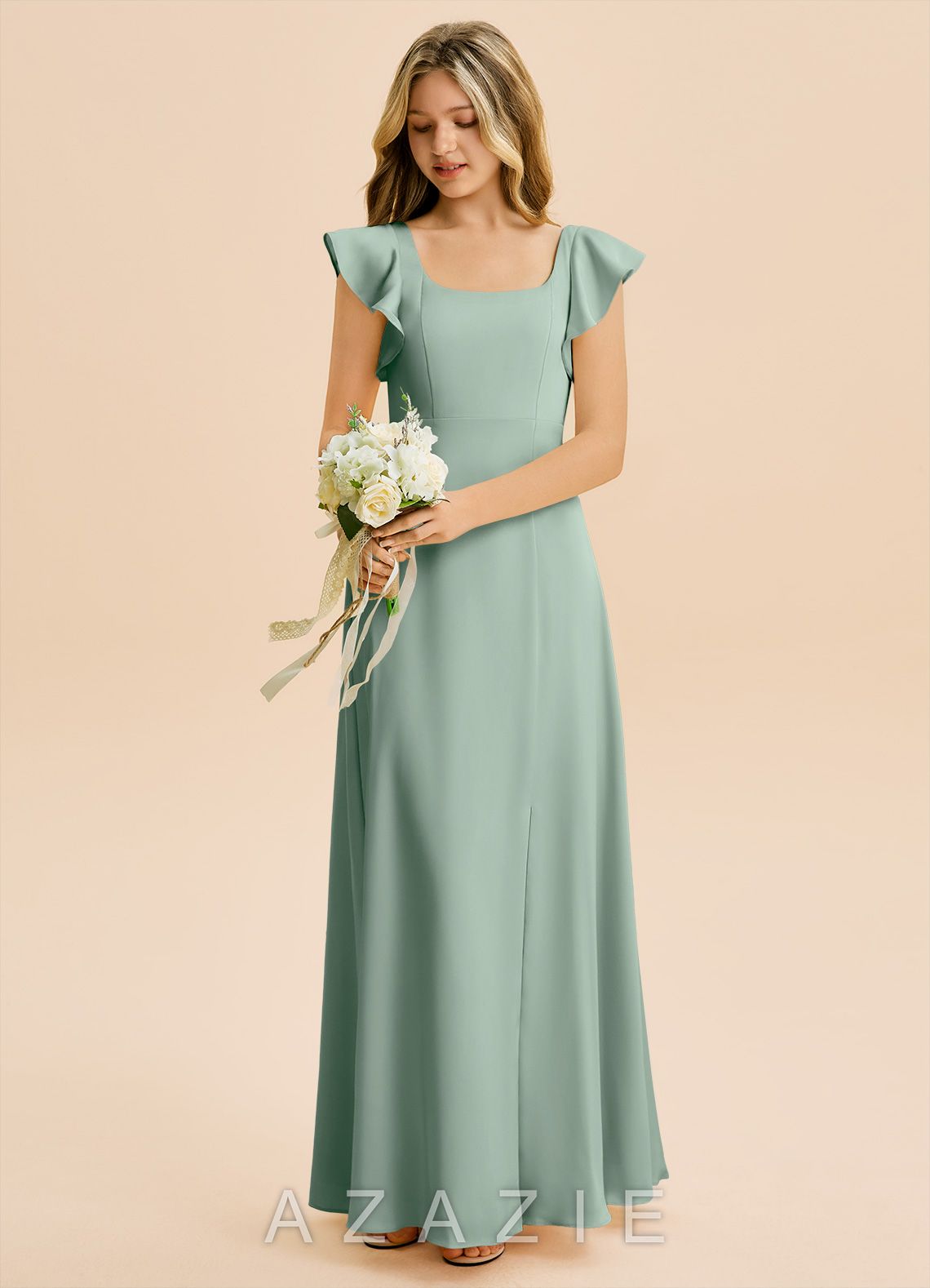 Azazie Bondi Junior Agave A-Line Side Slit Stretch Satin Dress agave