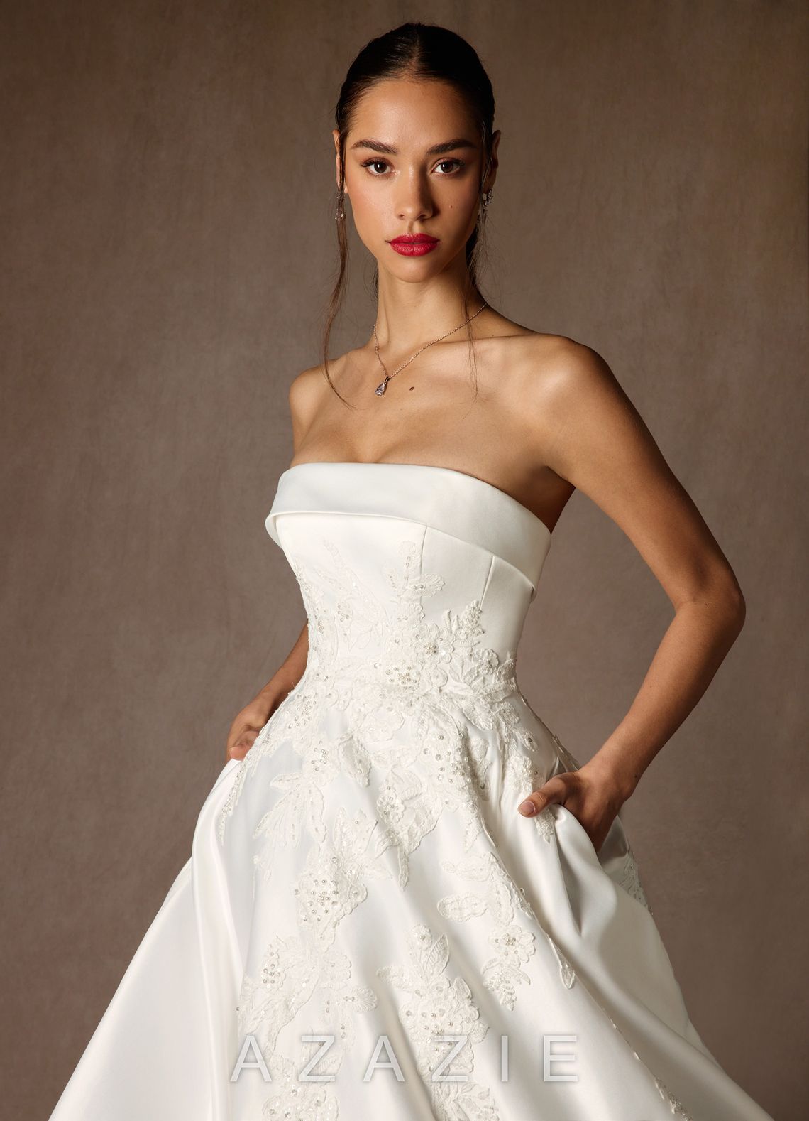 Azazie Fernanda Diamond White Ball-Gown Strapless Satin Dress diamond_white
