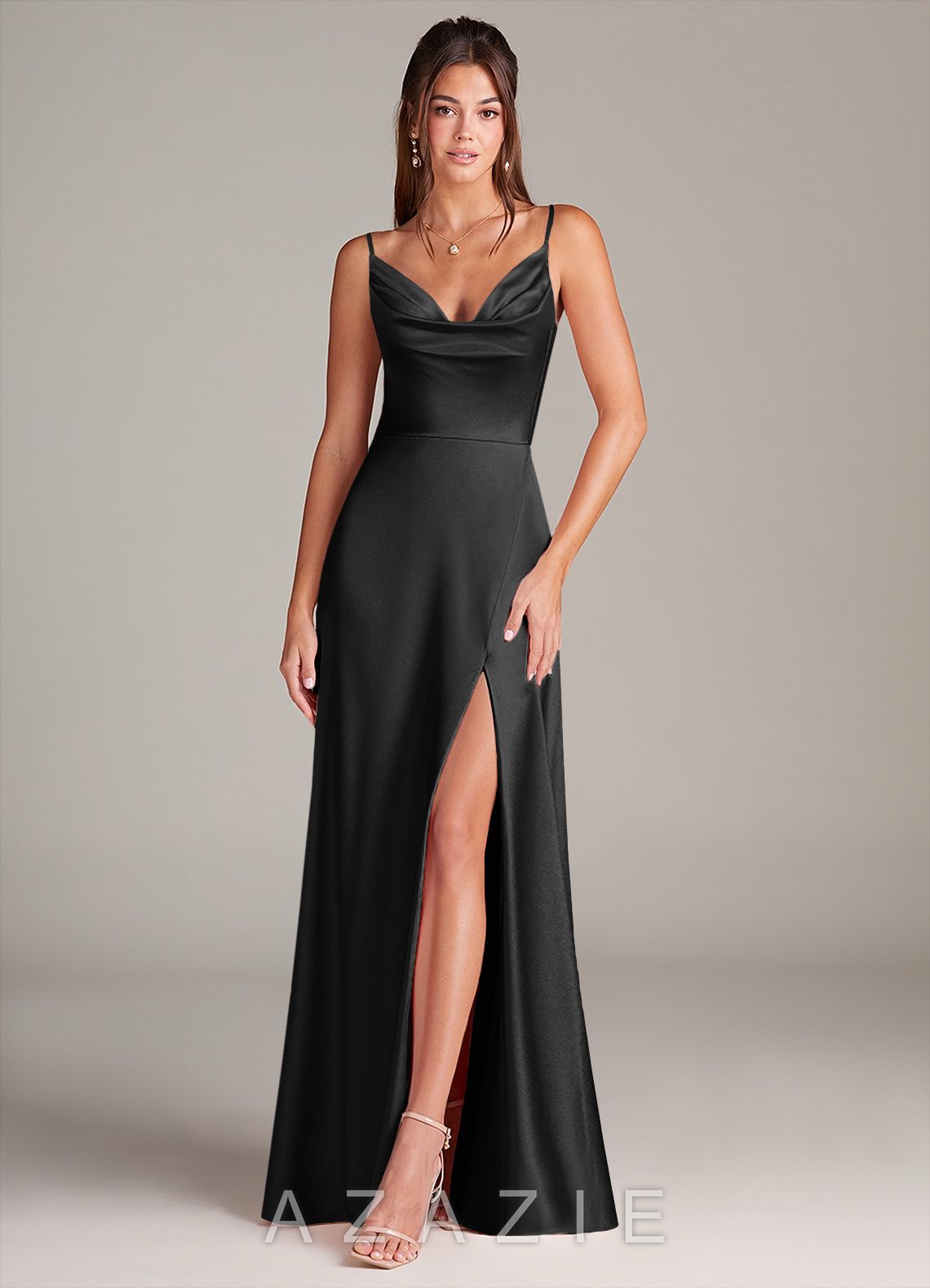 Azazie Sarella Black A-Line with Pockets Metallic Satin Dress