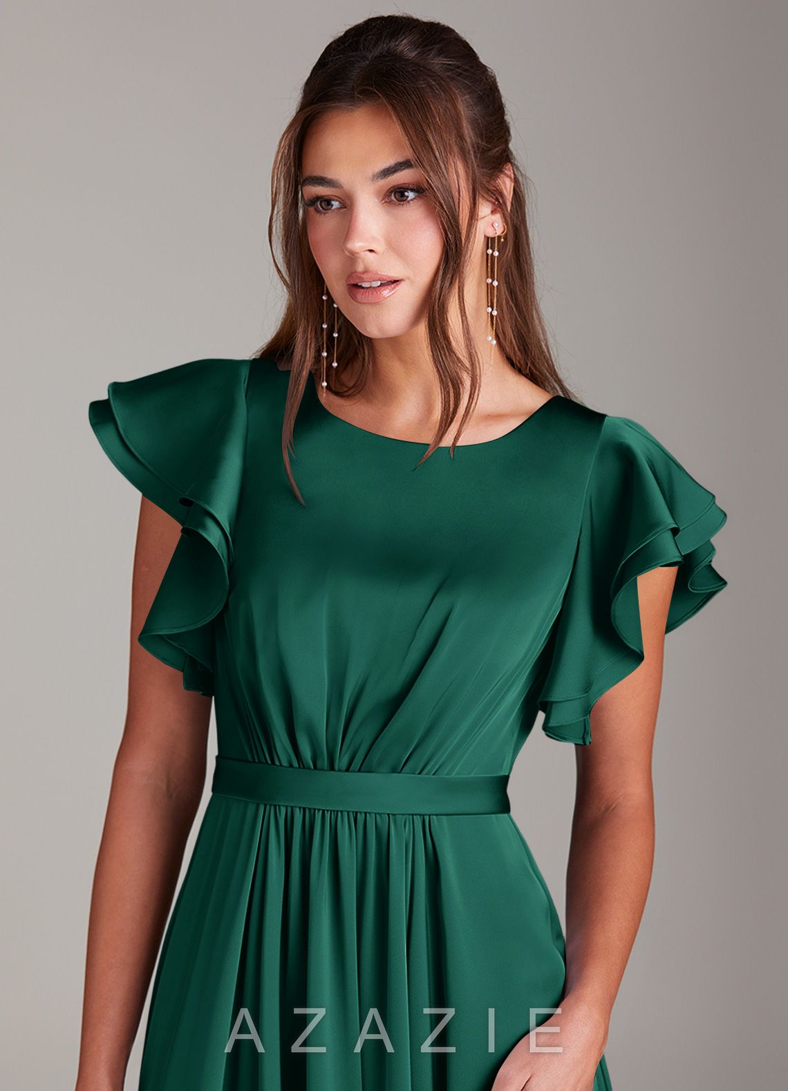 Azazie Daphne A-Line Ruched Stretch Satin Floor-Length Dress emerald