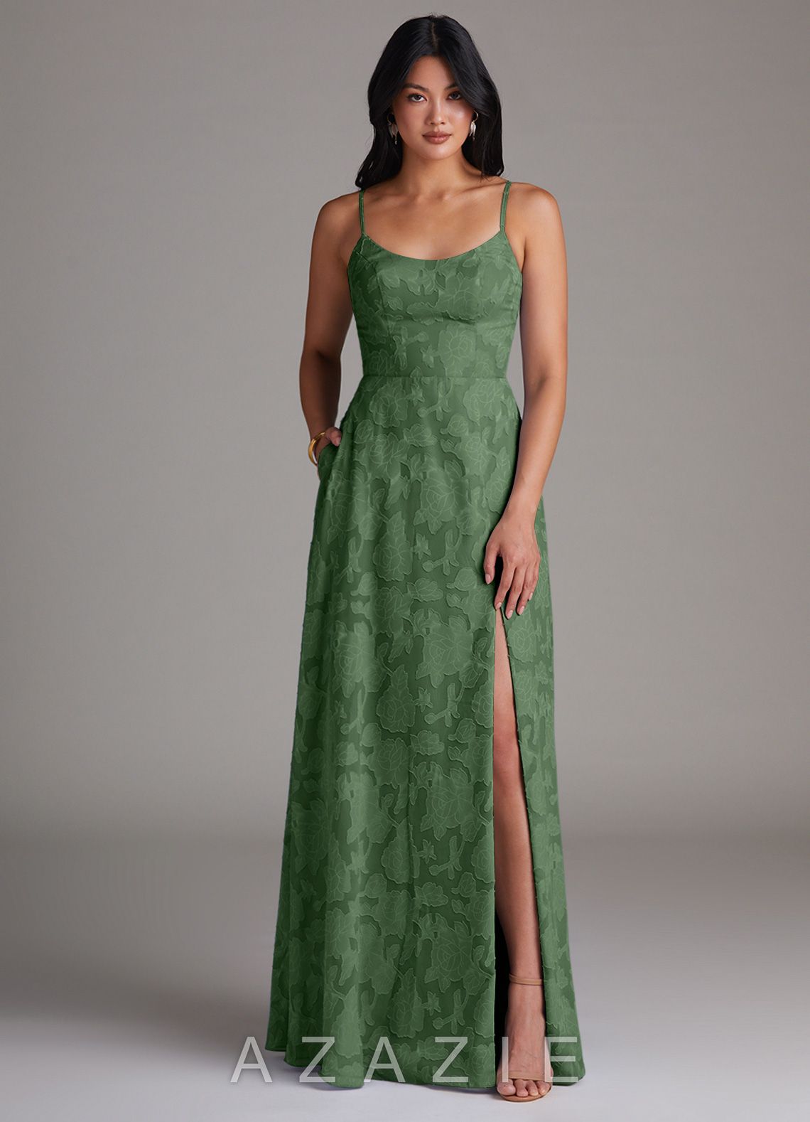 Azazie Moira Eucalyptus A-Line Side Slit Floral Burnout Dress