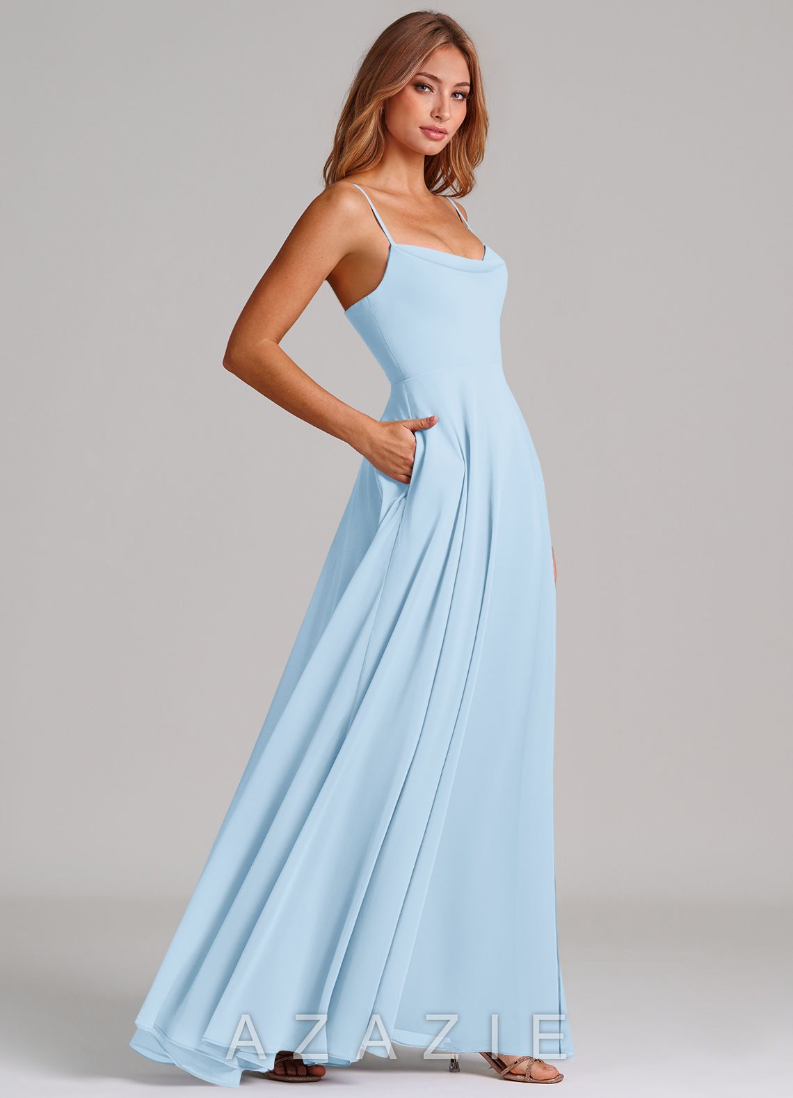 Azazie Elle Sky Blue A-Line Pleated Chiffon Dress sky_blue