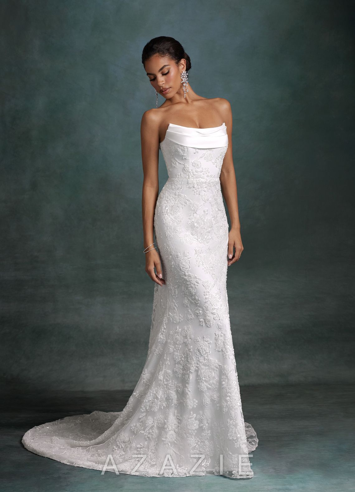 Azazie Frankie Diamond White Fit and Flare Strapless Embroidered Sequin Dress