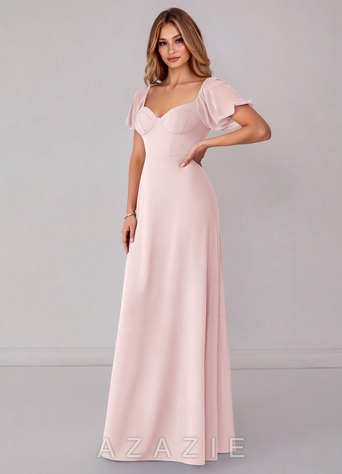 Azazie Fatima Blushing Pink A-Line with Pockets Chiffon Dress blushing_pink