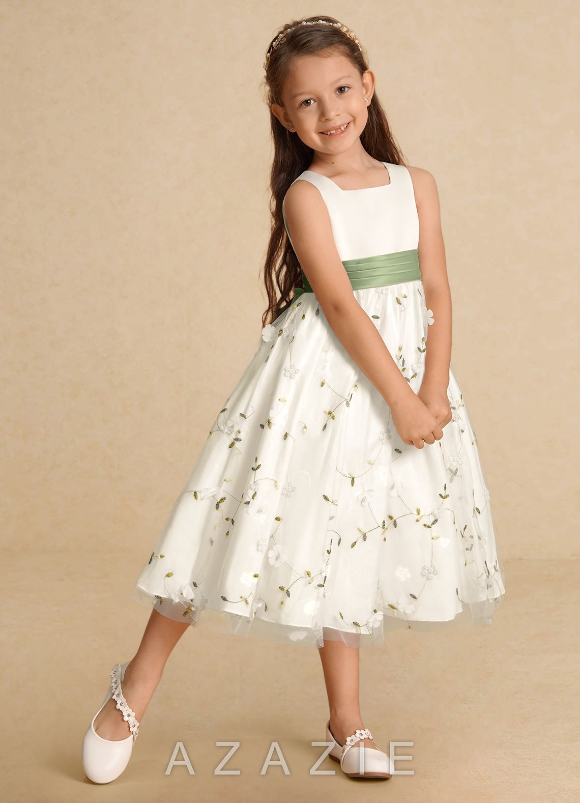 Azazie Pollie Ivory Dusty Sage A-Line Bow Tulle Dress ivory/dusty_sage