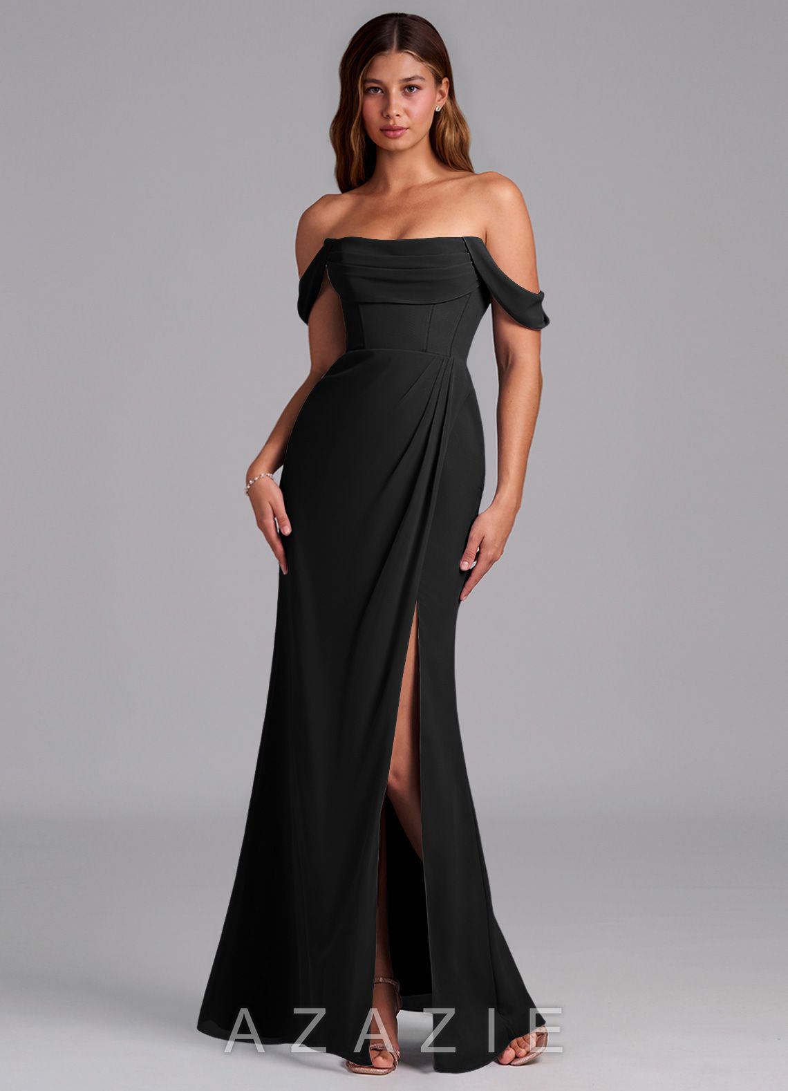 Azazie Johana Black Mermaid Off the Shoulder Chiffon Convertible Dress black