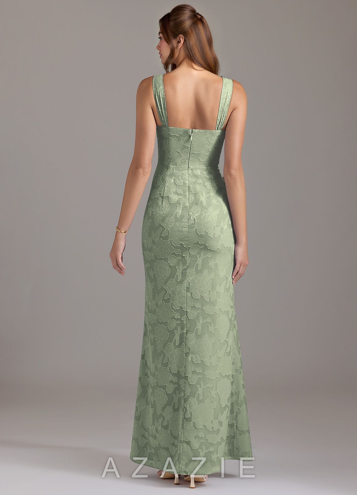 Azazie Denice Agave Mermaid Pleated Floral Burnout Dress agave