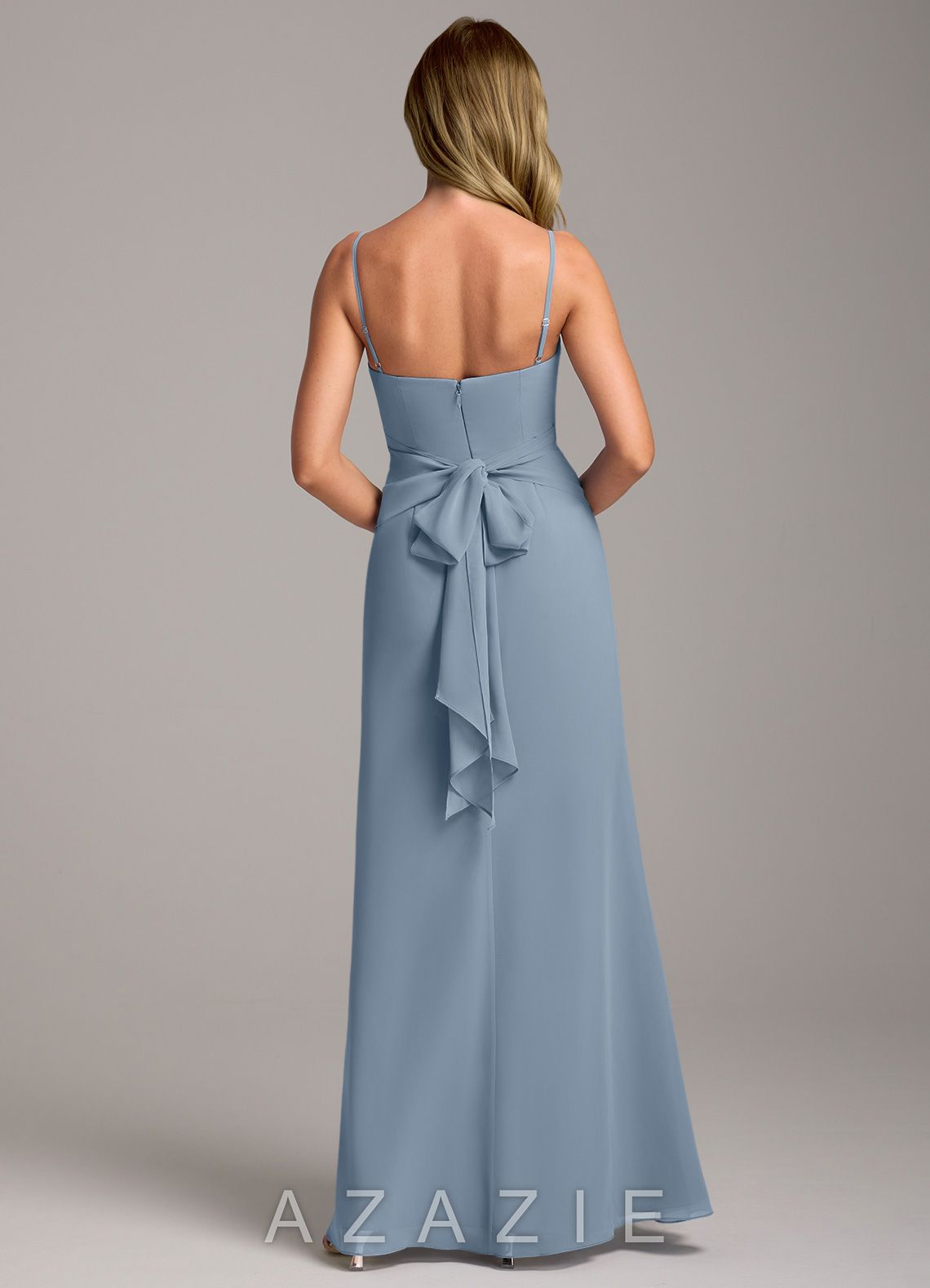 Azazie Tahlia Dusty Blue A-Line with Belt Chiffon Dress dusty_blue