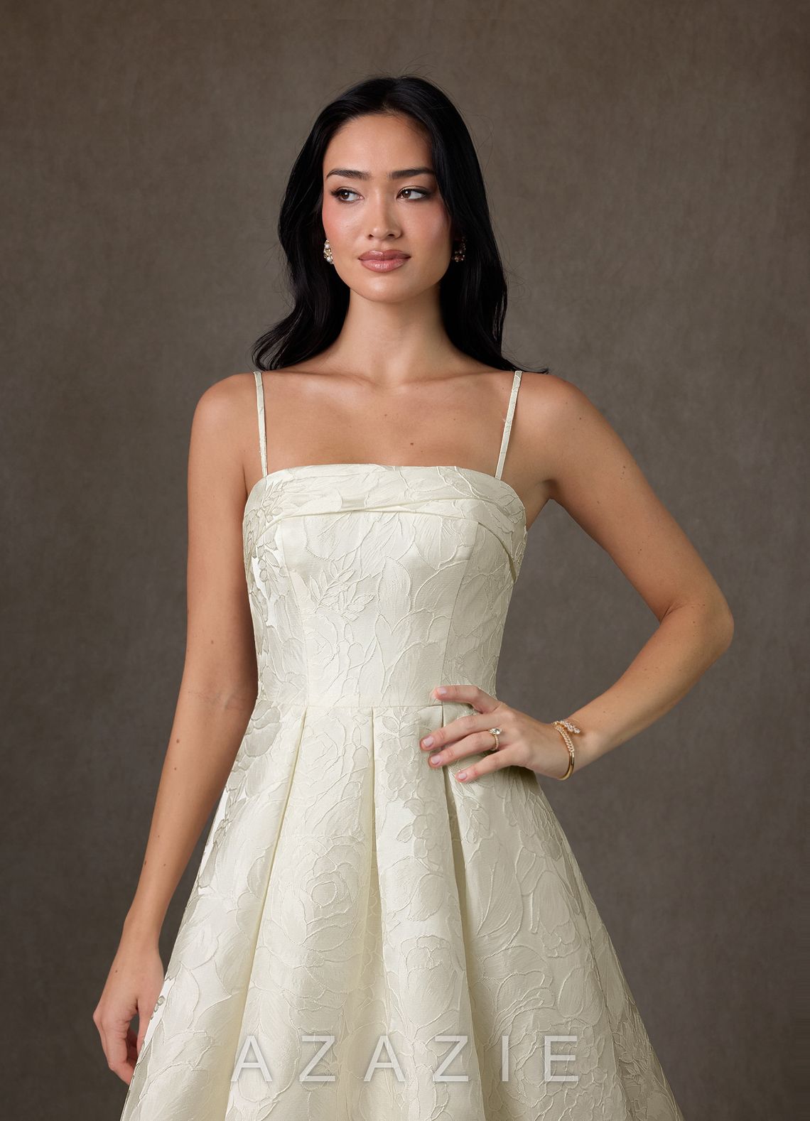 Azazie Desiree Antique White Ball-Gown Strapless Floral Jacquard Dress