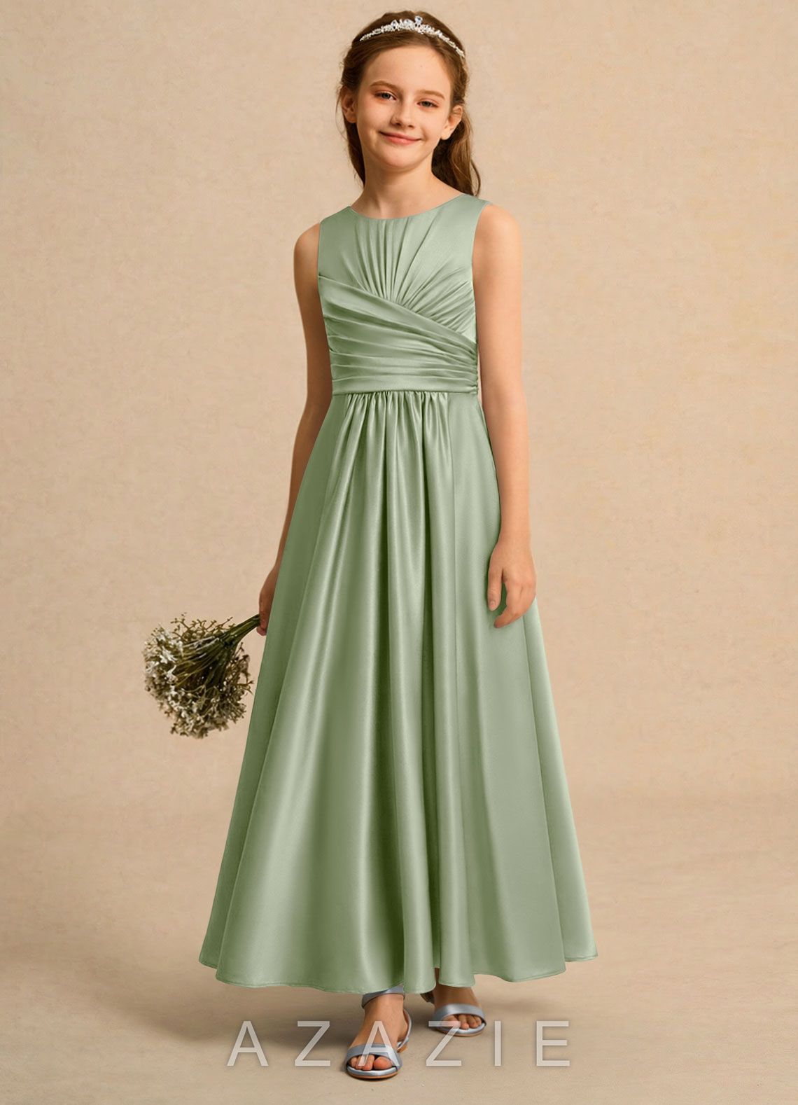 Azazie Ducky Girls Formal Dusty Sage A-Line Pleated Stretch Satin Dress dusty_sage