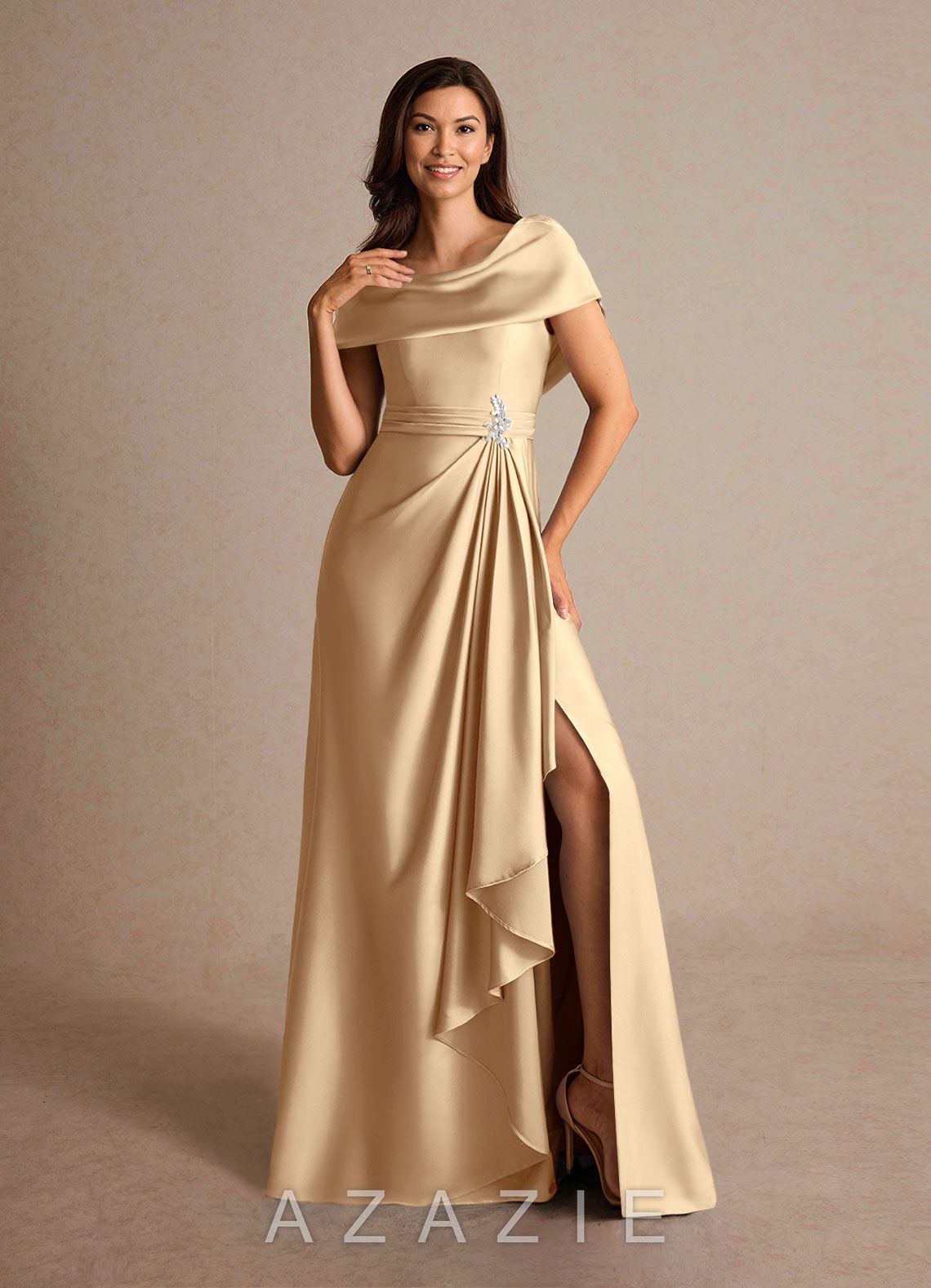 Azazie Branford Champagne A-Line Pleated Stretch Satin Dress champagne