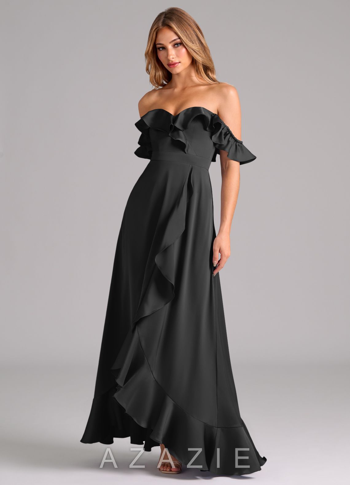 Azazie Lyra Black A-Line Off the Shoulder Stretch Satin Convertible Dress black