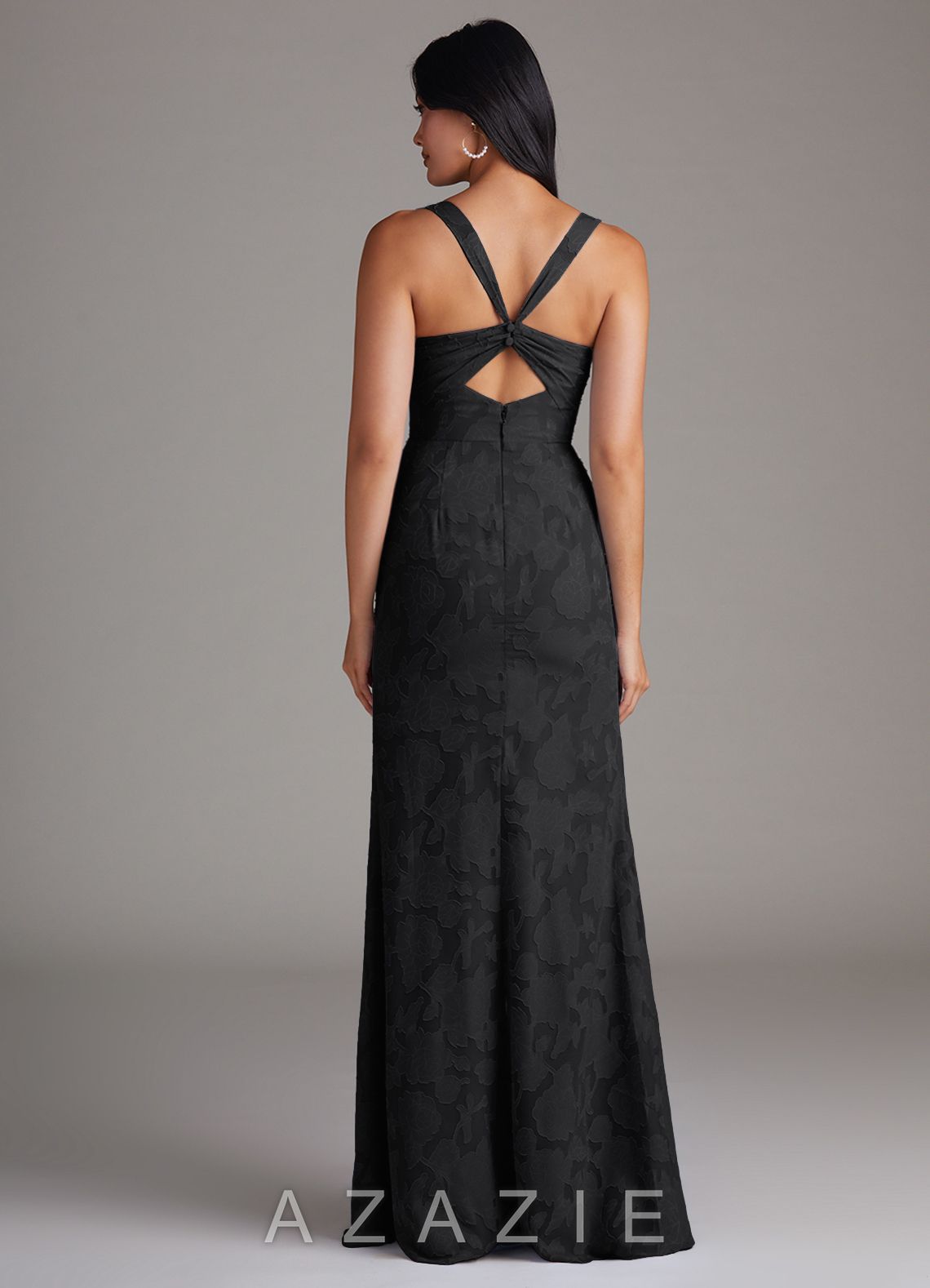 Azazie Mero Black Sheath Pleated Floral Burnout Dress black
