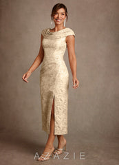 Azazie Alpine Champagne A-Line Pleated Floral Jacquard Dress