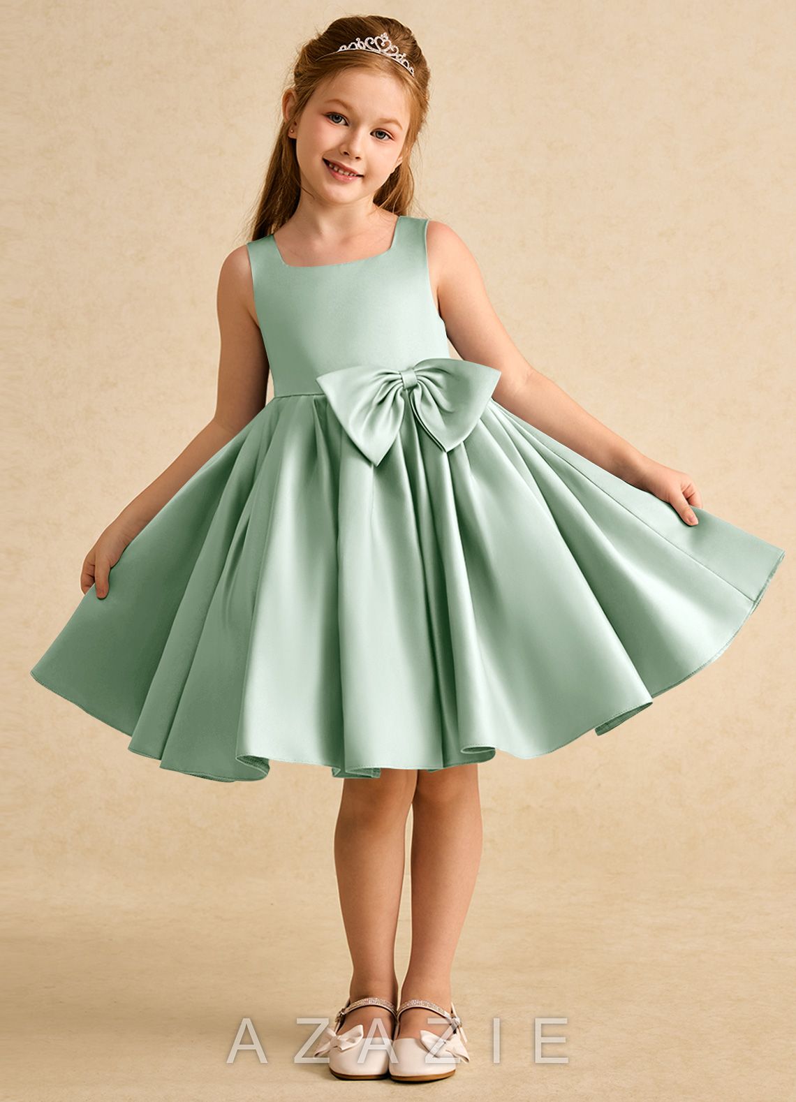Azazie Jessie Agave A-Line Bow Matte Satin Dress agave