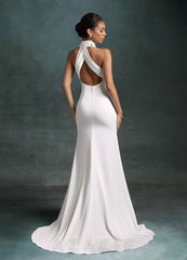 Azazie Jane Diamond White Mermaid High Neck Crepe Back Satin Dress diamond_white