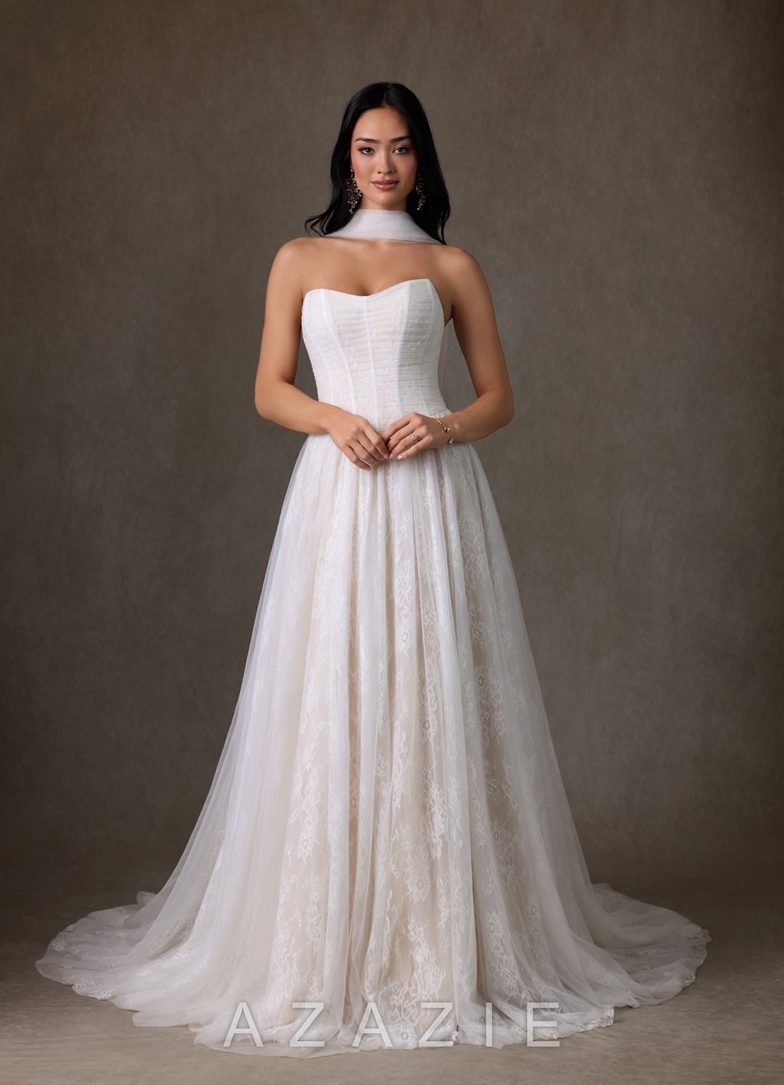 Azazie Adriana Diamond White Champagne A-Line Strapless Lace Dress