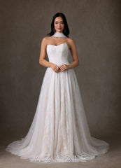Azazie Adriana Diamond White Champagne A-Line Strapless Lace Dress