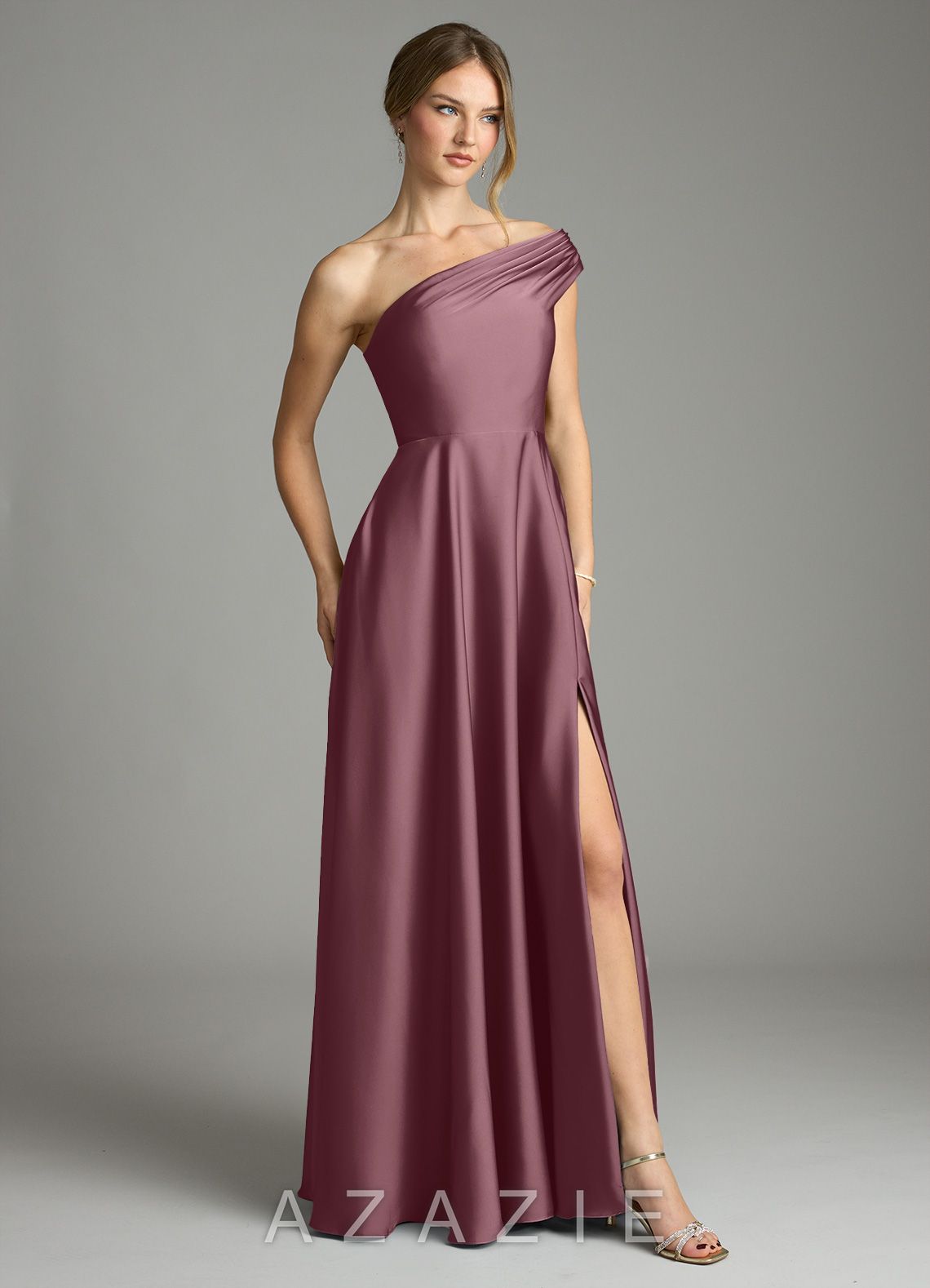Azazie Melanie Amethyst A-Line Off the Shoulder Stretch Satin Dress amethyst
