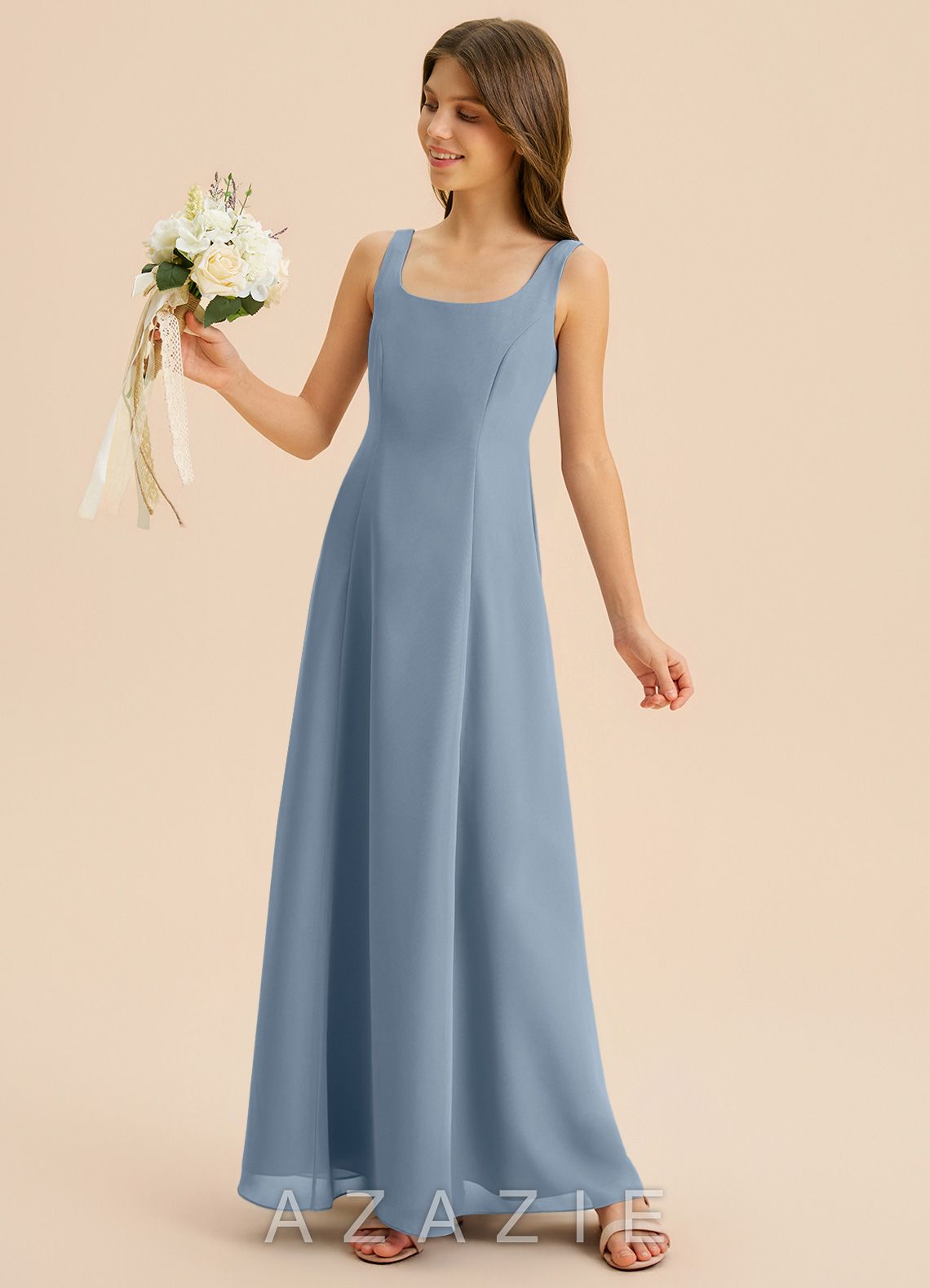 Azazie Lambie Junior Dusty Blue A-Line Pleated Chiffon Dress dusty_blue