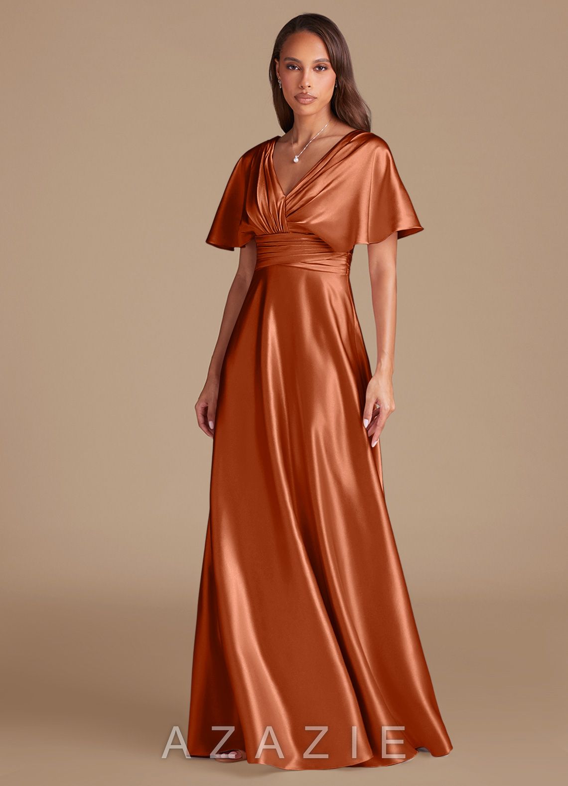 Azazie Pamela Auburn A-Line Pleated Metallic Satin Dress auburn