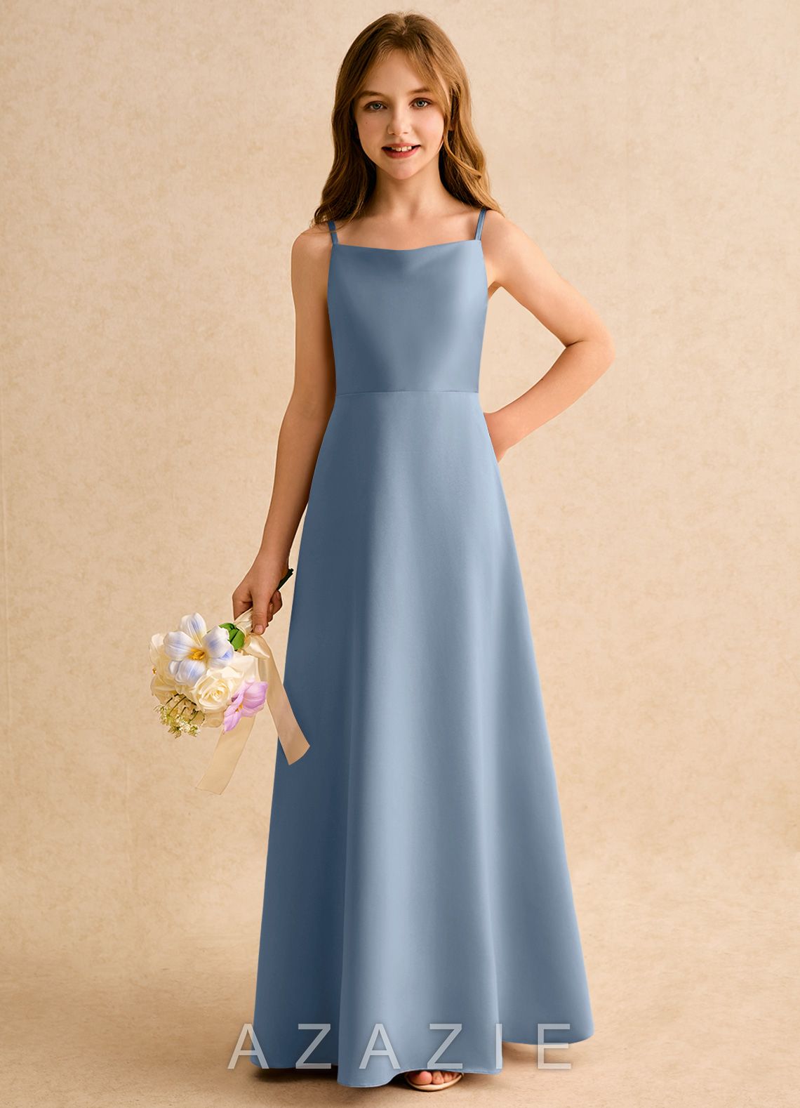 Azazie Joella Girls Formal Dusty Blue A-Line Pleated Matte Satin Dress dusty_blue
