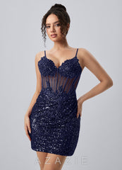 Martine Navy Spaghetti Strap 3D Floral Sequin Corset Mini Dress