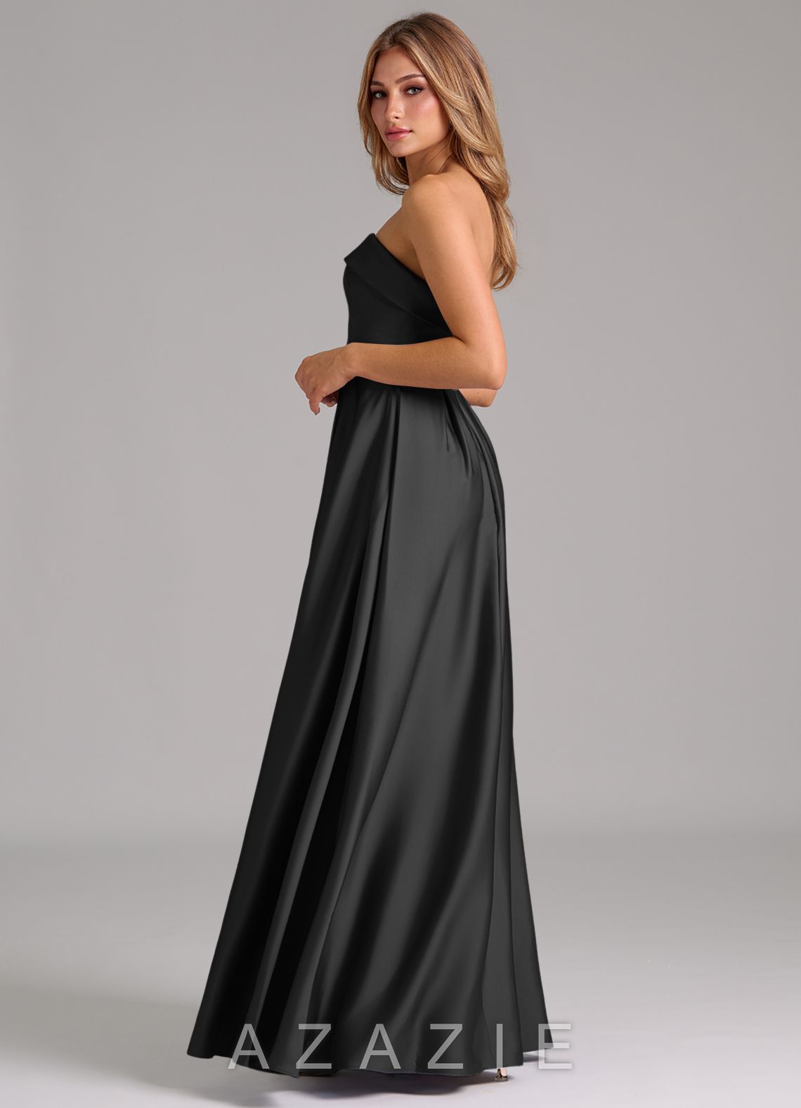 Azazie Lucienne Black A-Line Strapless Stretch Satin Convertible Dress black