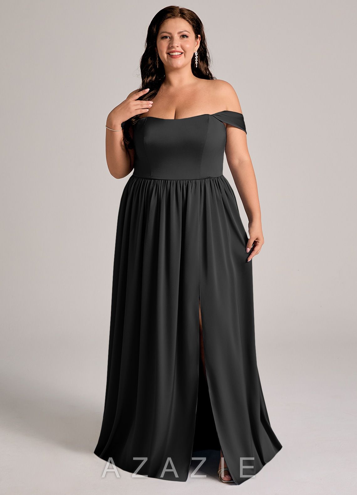 Azazie Calianna Black A-Line Off the Shoulder Stretch Satin Convertible Dress black