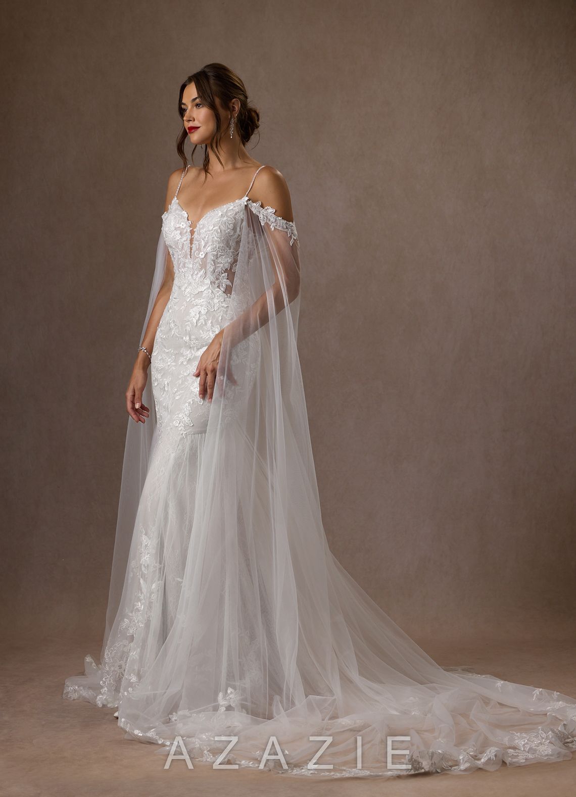 Azazie Leonie Wedding Dress Diamond White Mermaid V-Neck Sequins Tulle Dress diamond_white