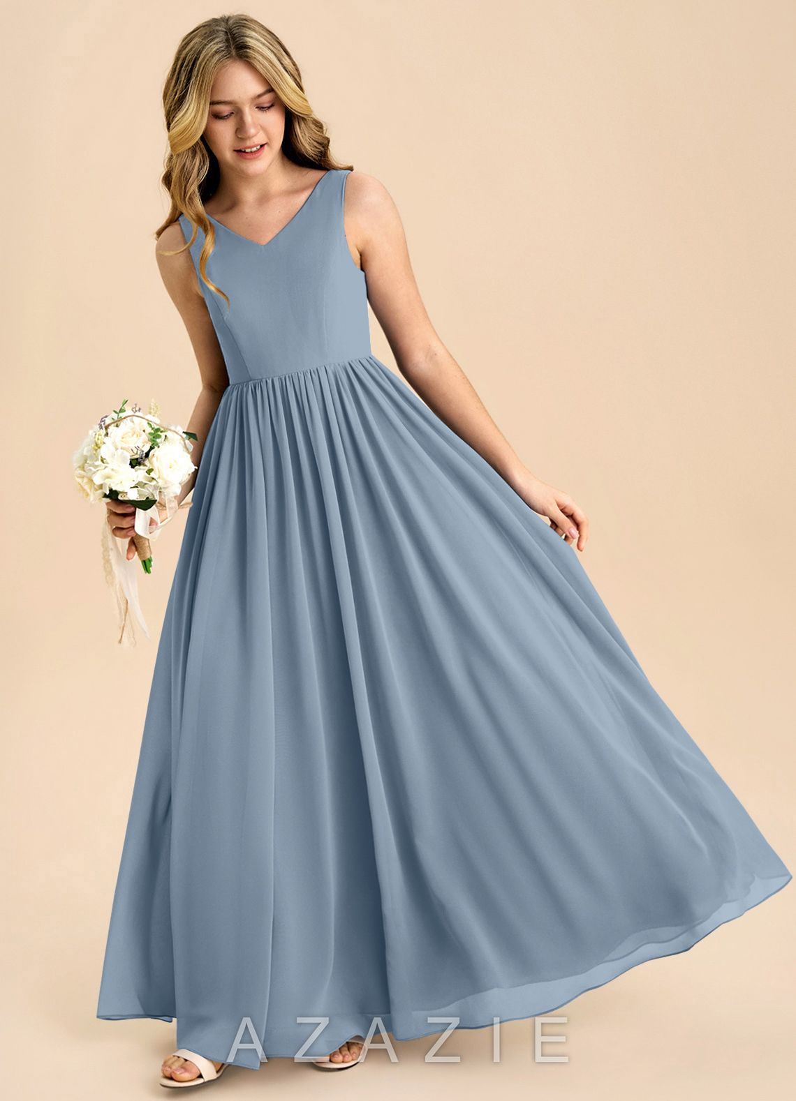 Azazie Hathaway Junior Dusty Blue A-Line Bow Chiffon Dress dusty_blue