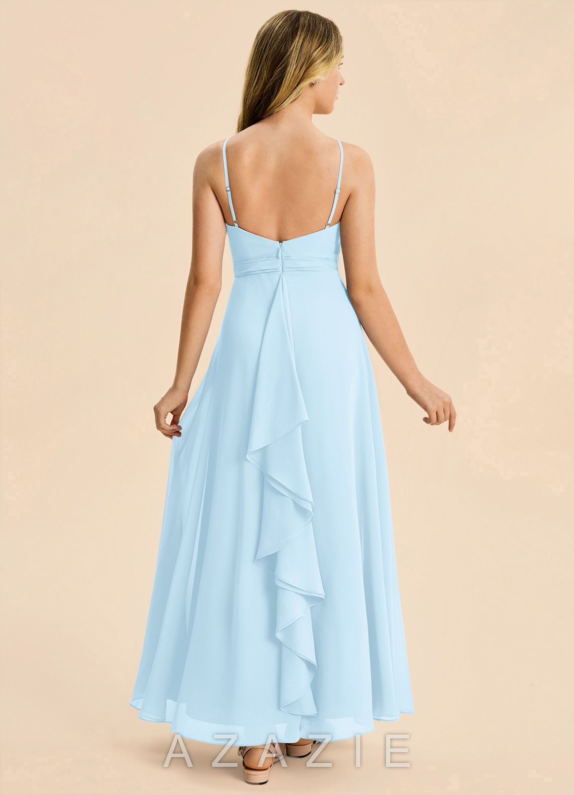 Azazie Tenzly Junior Sky Blue A-Line Pleated Chiffon Dress