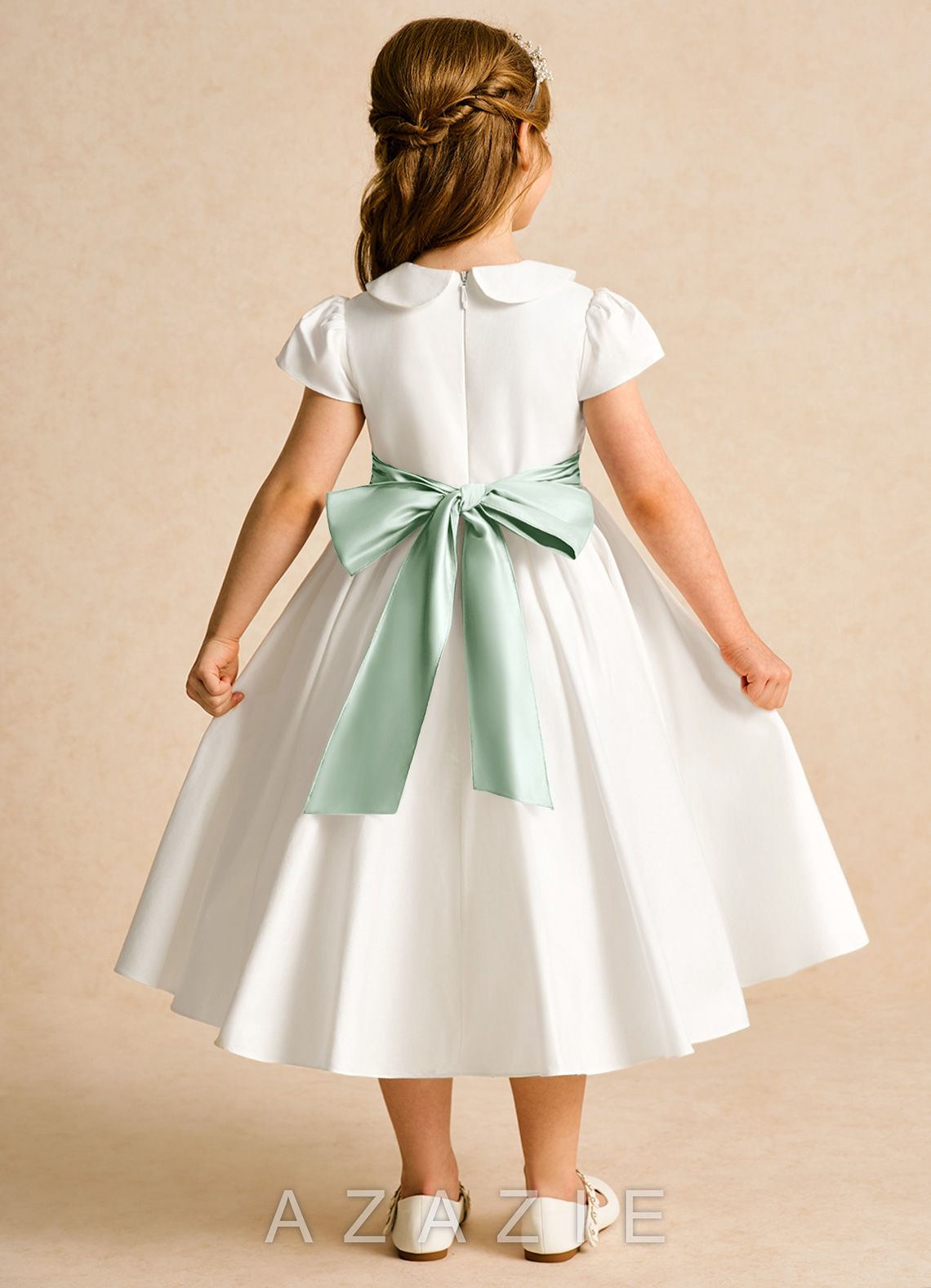 Azazie Deary Ivory Agave A-Line Bow Cotton Dress ivory/agave