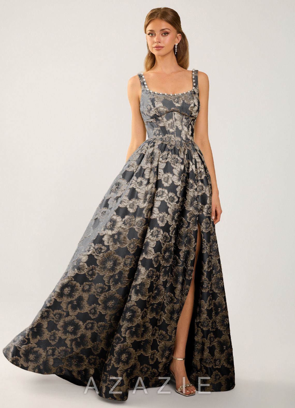 Cimaya Black Square-Neck Jacquard Prom Dress