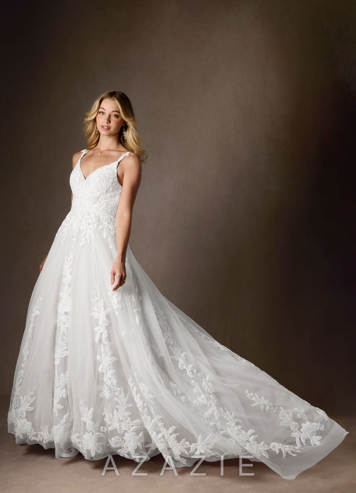 Azazie Delaina Wedding Dress Diamond White A-Line V-Neck Sequins Tulle Dress diamond_white