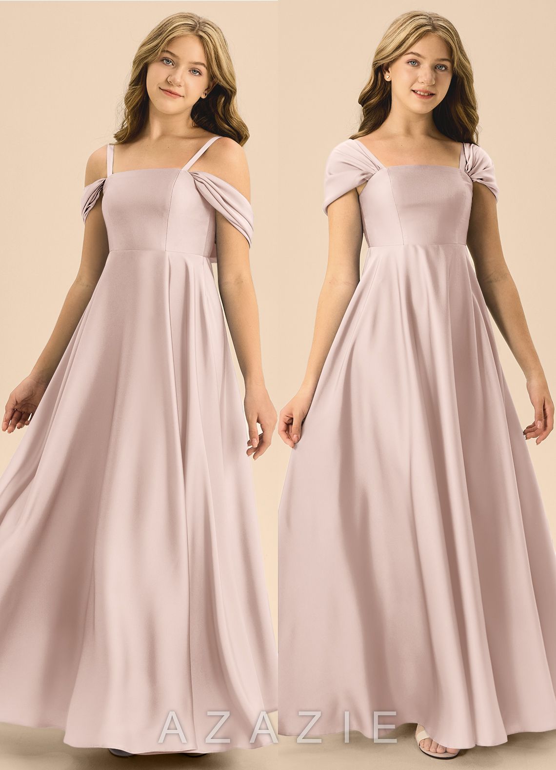Azazie Rowena Junior Blushing Pink A-Line Bow Stretch Satin Dress