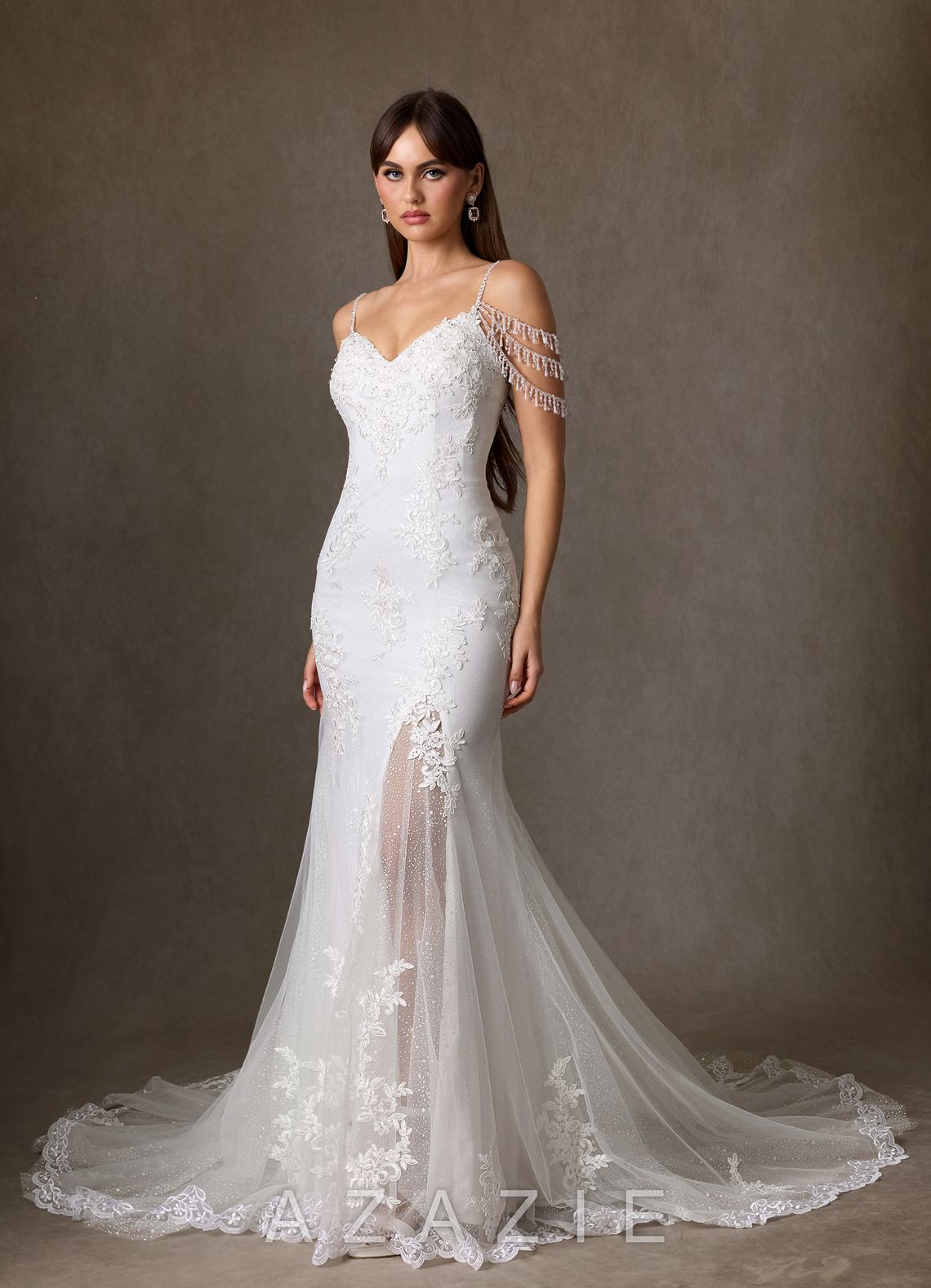Azazie Saskia Wedding Dress Diamond White Mermaid Sequins Tulle Dress diamond_white