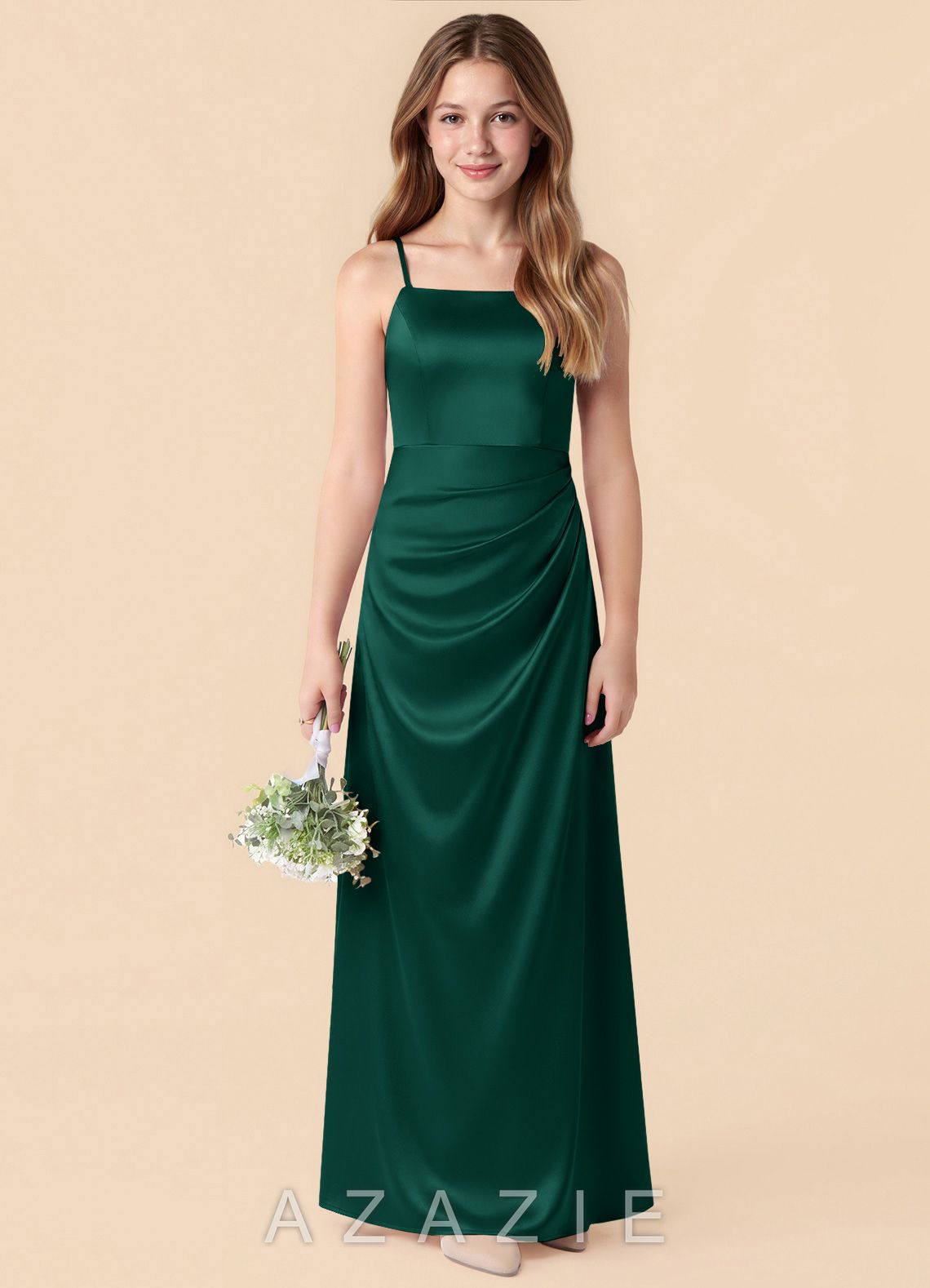 Azazie Renna Junior Emerald Mermaid Pleated Stretch Satin Dress