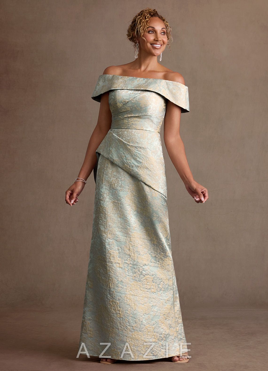 Azazie Kaddar Vintage Blue Sheath Off the Shoulder Floral Jacquard Dress