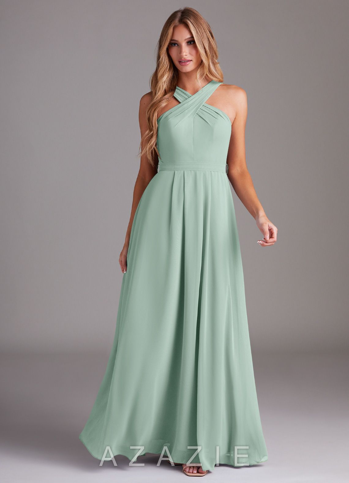 Azazie Dixie Agave A-Line Halter Pleated Chiffon Dress agave