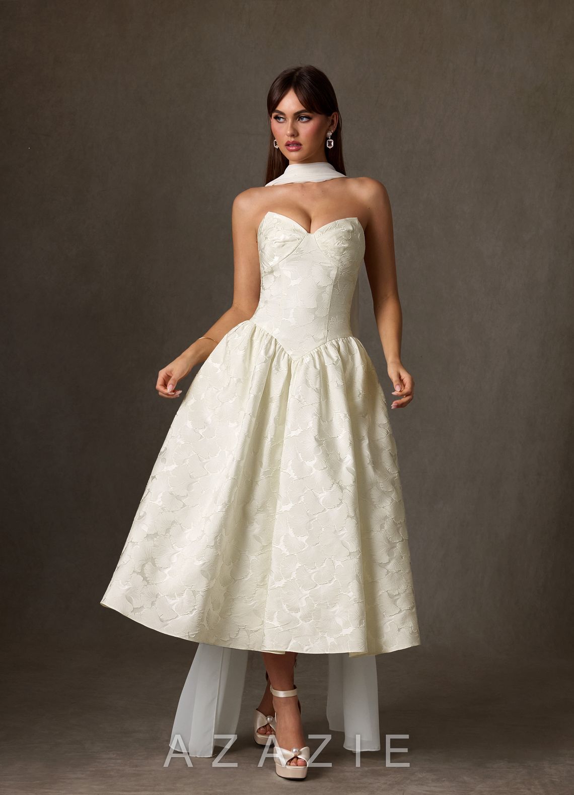 Azazie Devam Cream A-Line Strapless Floral Jacquard Dress cream